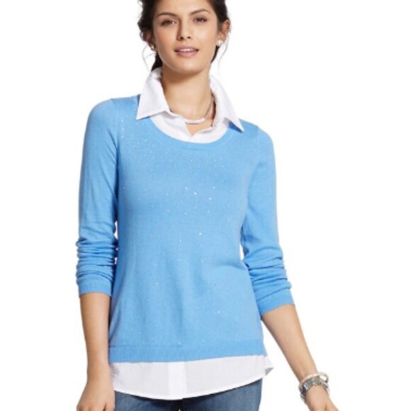 NWT Chico's Diamonte Shine Braylynn Pullover Sweater Top Blue Office Large - Picture 1 of 9